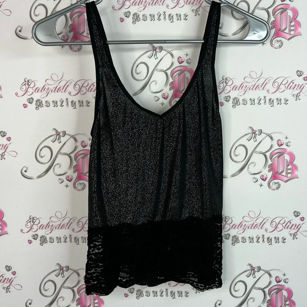 Rampage tank top sparkly lace hem bottom Lacie floral glitter Black Top - Picture 1 of 8